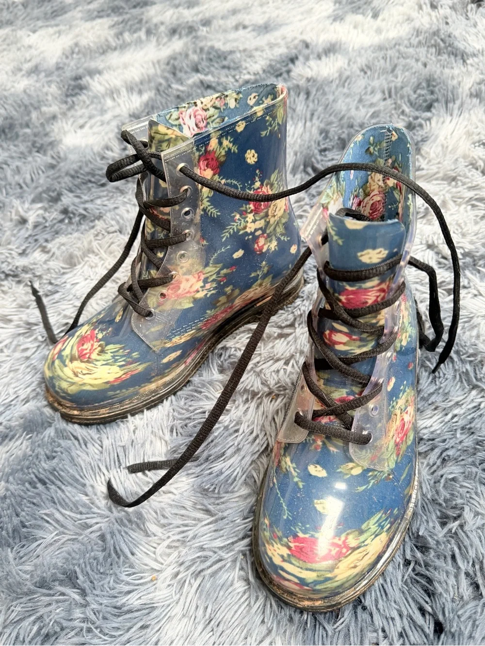 Navy Floral Lace-Up Rain Boots for Big Girls size 6 moody romantic grunge chic